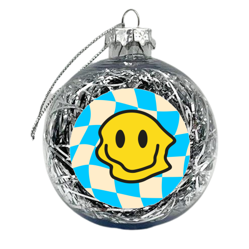 Blue Wavy Smiley Bold Graphic Design Gen Z Y2K Giftware - xmas bauble by AbiGoLucky