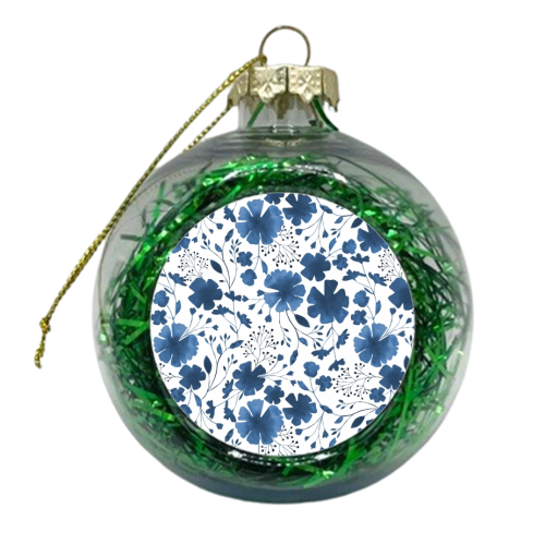 BLUE & WHITE FLORAL WATERCOLOUR PATTERN - xmas bauble by Dizzywonders