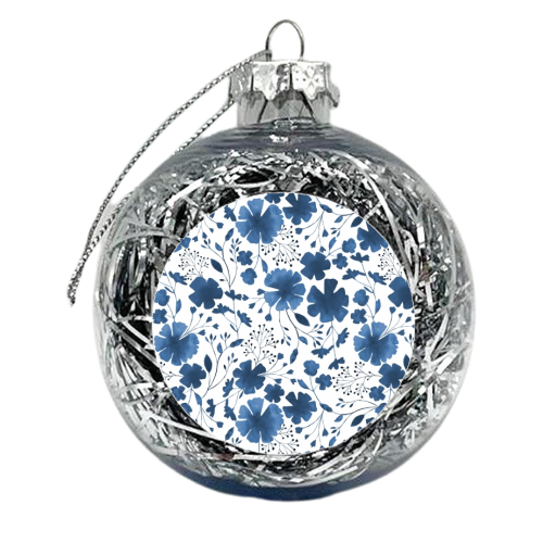BLUE & WHITE FLORAL WATERCOLOUR PATTERN - xmas bauble by Dizzywonders