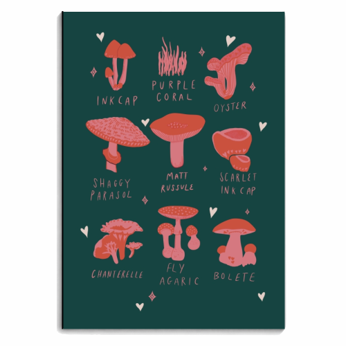 Blushing Pink & Teal Mushroom Poster Print - personalised A4, A5, A6 notebook by Meryn Design