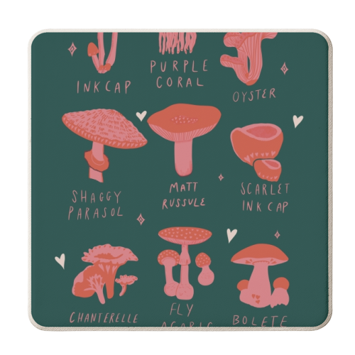 Blushing Pink & Teal Mushroom Poster Print - personalised beer coaster by Meryn Design