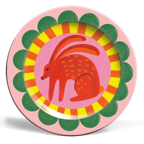 Bold Bright Folk Art Rabbit Illustration Painting Design - ceramic dinner plate by AbiGoLucky