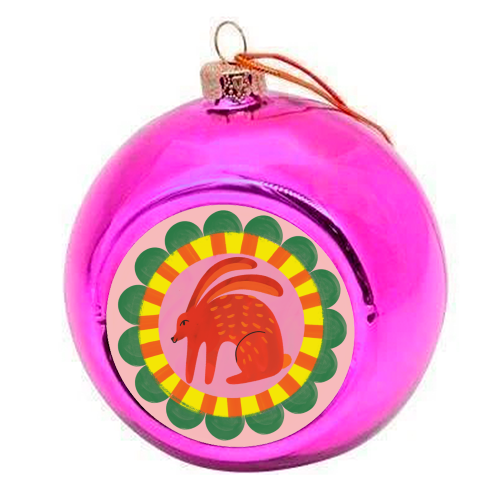 Bold Bright Folk Art Rabbit Illustration Painting Design - colourful christmas bauble by AbiGoLucky