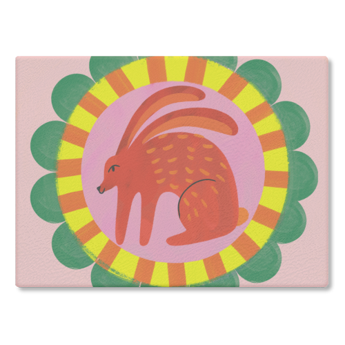 Bold Bright Folk Art Rabbit Illustration Painting Design - glass chopping board by AbiGoLucky
