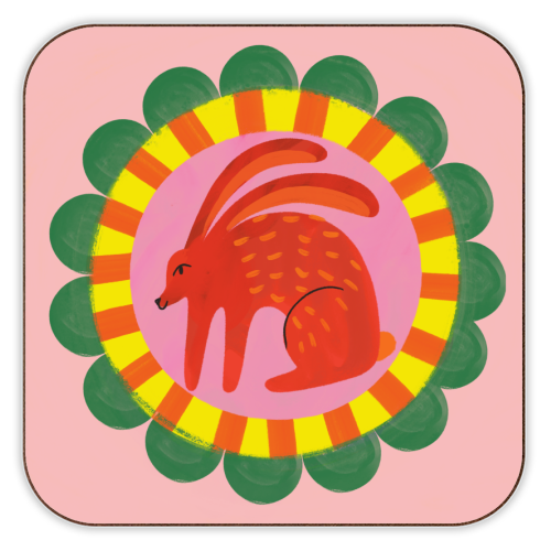 Bold Bright Folk Art Rabbit Illustration Painting Design - personalised beer coaster by AbiGoLucky