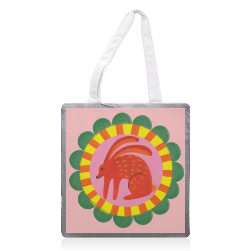 Bold Bright Folk Art Rabbit Illustration Painting Design - printed canvas tote bag by AbiGoLucky