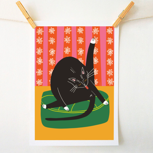 Bold Bright Illustration of Cat Licking Bum Funny Design - A1 - A4 art print by AbiGoLucky