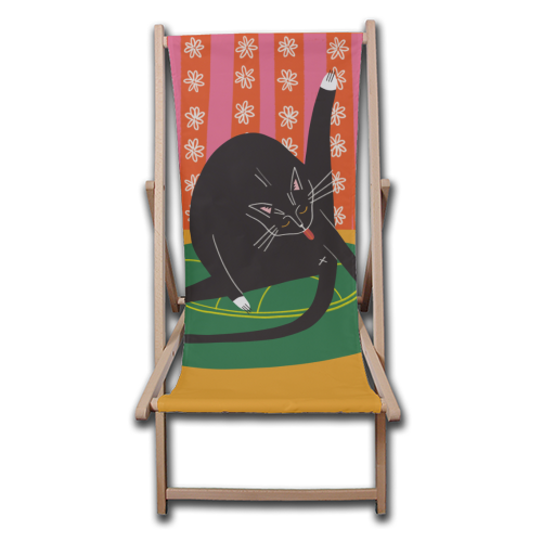 Bold Bright Illustration of Cat Licking Bum Funny Design - canvas deck chair by AbiGoLucky