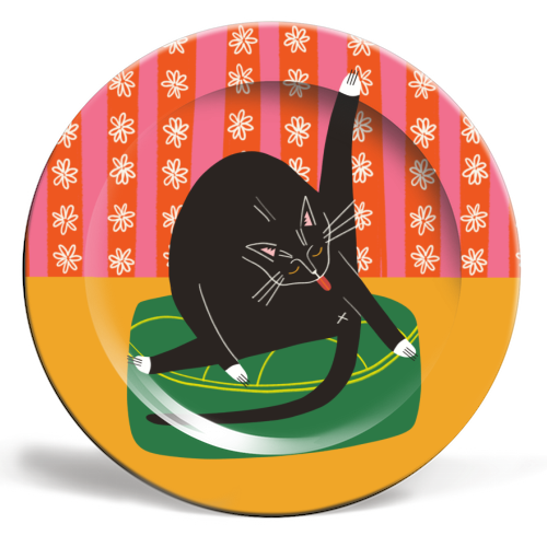 Bold Bright Illustration of Cat Licking Bum Funny Design - ceramic dinner plate by AbiGoLucky
