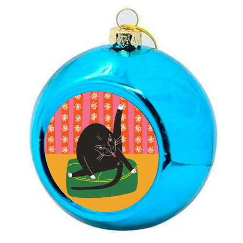 Bold Bright Illustration of Cat Licking Bum Funny Design - colourful christmas bauble by AbiGoLucky