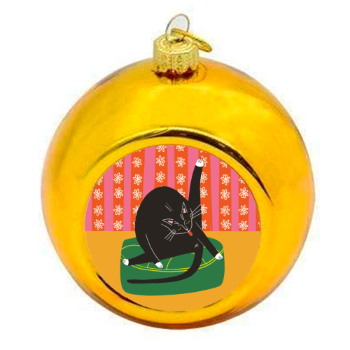 Bold Bright Illustration of Cat Licking Bum Funny Design - colourful christmas bauble by AbiGoLucky