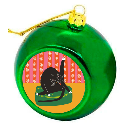 Bold Bright Illustration of Cat Licking Bum Funny Design - colourful christmas bauble by AbiGoLucky