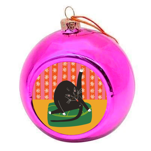 Bold Bright Illustration of Cat Licking Bum Funny Design - colourful christmas bauble by AbiGoLucky