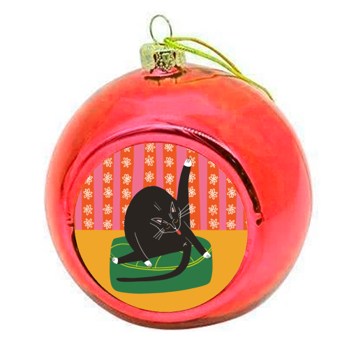 Bold Bright Illustration of Cat Licking Bum Funny Design - colourful christmas bauble by AbiGoLucky