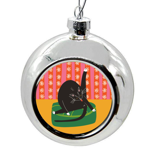Bold Bright Illustration of Cat Licking Bum Funny Design - colourful christmas bauble by AbiGoLucky