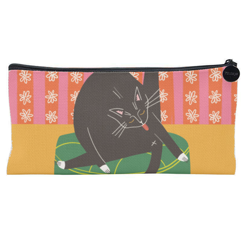 Bold Bright Illustration of Cat Licking Bum Funny Design - flat pencil case by AbiGoLucky