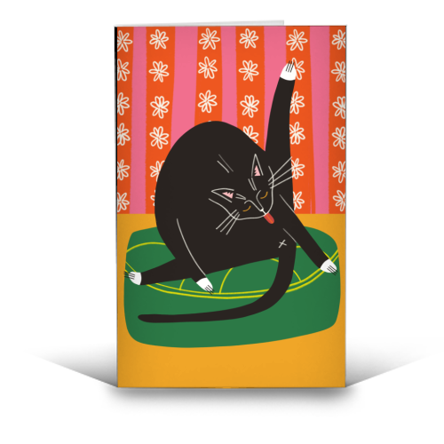Bold Bright Illustration of Cat Licking Bum Funny Design - funny greeting card by AbiGoLucky