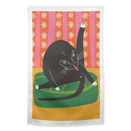 Bold Bright Illustration of Cat Licking Bum Funny Design - funny tea towel by AbiGoLucky