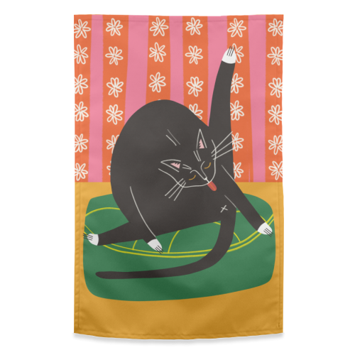 Bold Bright Illustration of Cat Licking Bum Funny Design - funny tea towel by AbiGoLucky