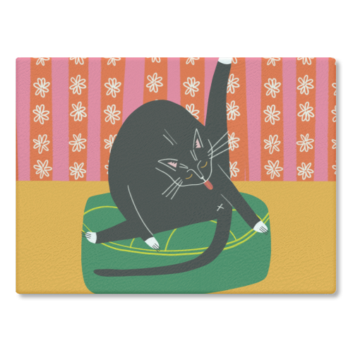 Bold Bright Illustration of Cat Licking Bum Funny Design - glass chopping board by AbiGoLucky