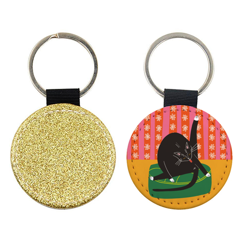 Bold Bright Illustration of Cat Licking Bum Funny Design - keyring by AbiGoLucky