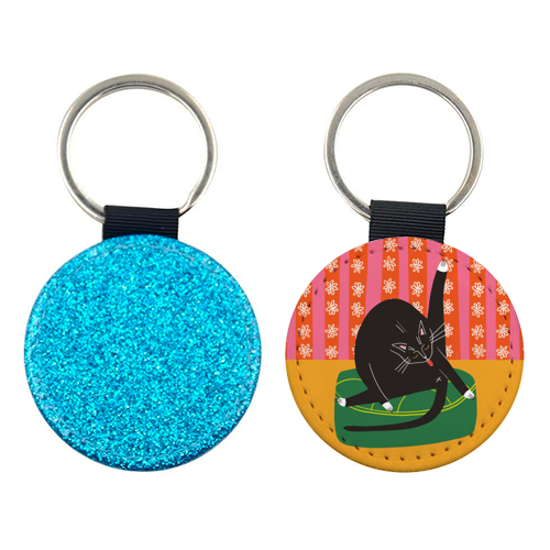 Bold Bright Illustration of Cat Licking Bum Funny Design - keyring by AbiGoLucky