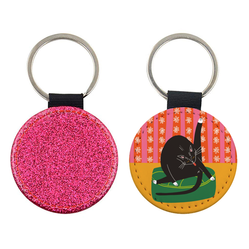 Bold Bright Illustration of Cat Licking Bum Funny Design - keyring by AbiGoLucky