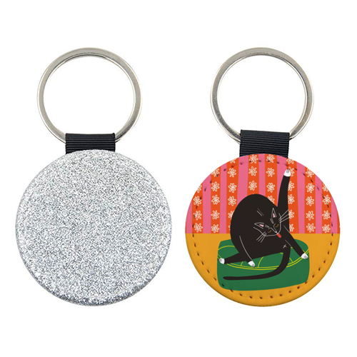 Bold Bright Illustration of Cat Licking Bum Funny Design - keyring by AbiGoLucky