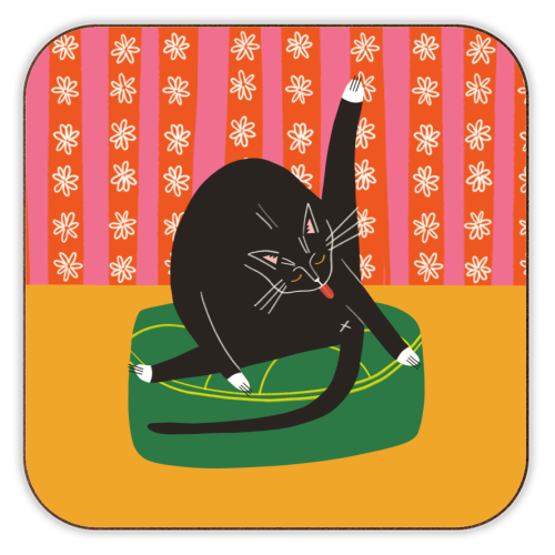Bold Bright Illustration of Cat Licking Bum Funny Design - personalised beer coaster by AbiGoLucky