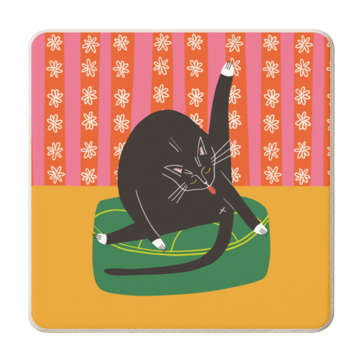 Bold Bright Illustration of Cat Licking Bum Funny Design - personalised beer coaster by AbiGoLucky