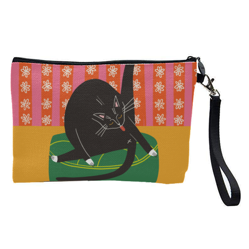 Bold Bright Illustration of Cat Licking Bum Funny Design - pretty makeup bag by AbiGoLucky