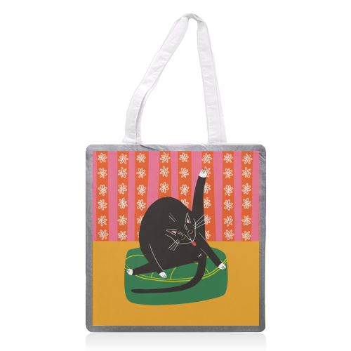 Bold Bright Illustration of Cat Licking Bum Funny Design - printed canvas tote bag by AbiGoLucky