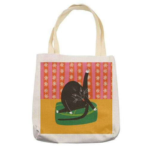 Bold Bright Illustration of Cat Licking Bum Funny Design - printed canvas tote bag by AbiGoLucky