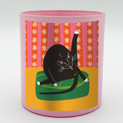 Bold Bright Illustration of Cat Licking Bum Funny Design - scented candle by AbiGoLucky