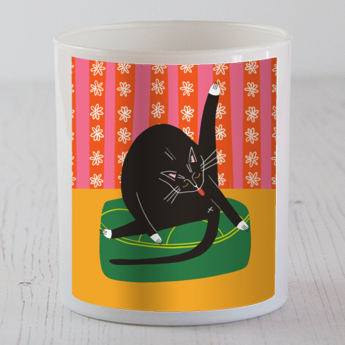 Bold Bright Illustration of Cat Licking Bum Funny Design - scented candle by AbiGoLucky