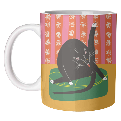 Bold Bright Illustration of Cat Licking Bum Funny Design - unique mug by AbiGoLucky