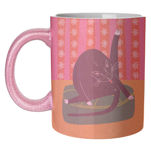 Bold Bright Illustration of Cat Licking Bum Funny Design - unique mug by AbiGoLucky