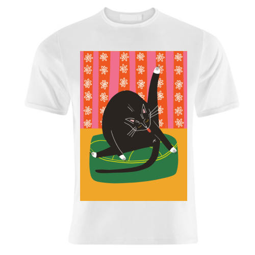 Bold Bright Illustration of Cat Licking Bum Funny Design - unique t shirt by AbiGoLucky