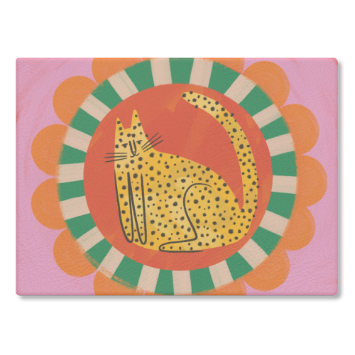 Folk art Bold Bright Leopard Illustration Plate Design - glass chopping board by AbiGoLucky