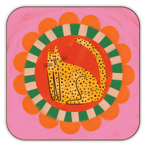 Folk art Bold Bright Leopard Illustration Plate Design - personalised beer coaster by AbiGoLucky