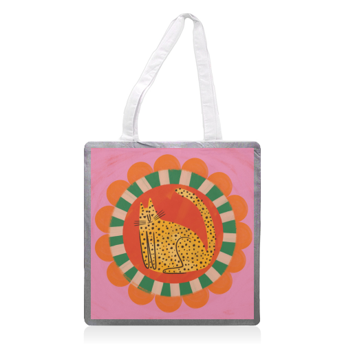Folk art Bold Bright Leopard Illustration Plate Design - printed canvas tote bag by AbiGoLucky