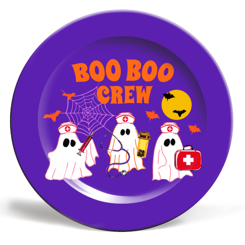 Boo Boo Crew Halloween Ghost Nurse with Bats Illustration  Description: - ceramic dinner plate by EZbie