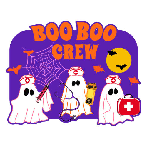 Boo Boo Crew Halloween Ghost Nurse with Bats Illustration  Description: - Die Cut Sticker by EZbie