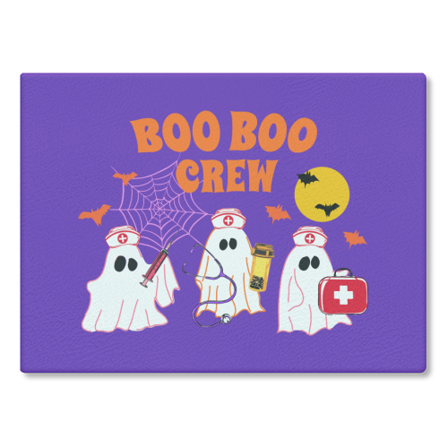 Boo Boo Crew Halloween Ghost Nurse with Bats Illustration  Description: - glass chopping board by EZbie