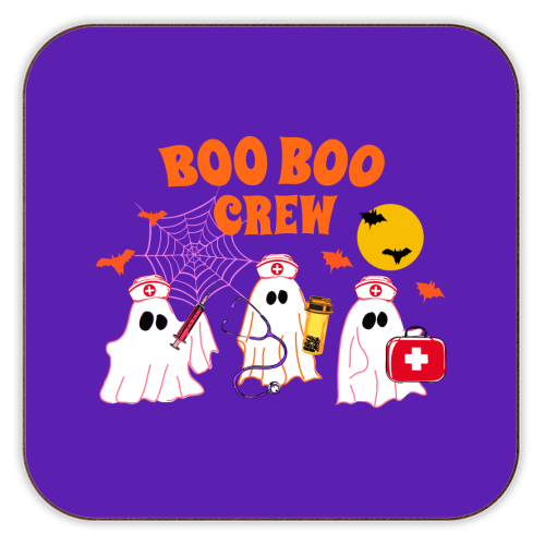 Boo Boo Crew Halloween Ghost Nurse with Bats Illustration  Description: - personalised beer coaster by EZbie
