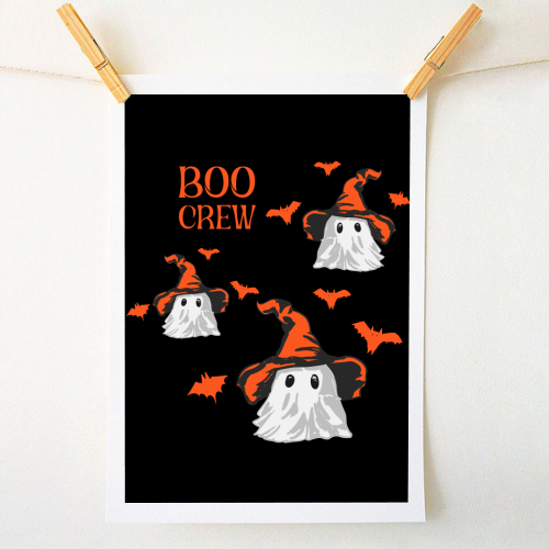 Boo Crew Halloween Ghost with Witch Hat and Bats - A1 - A4 art print by EZbie