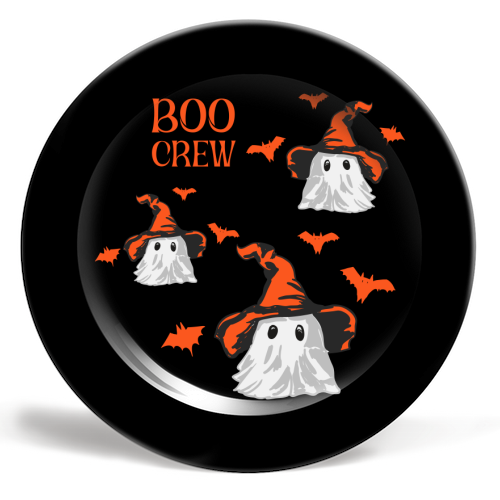 Boo Crew Halloween Ghost with Witch Hat and Bats - ceramic dinner plate by EZbie