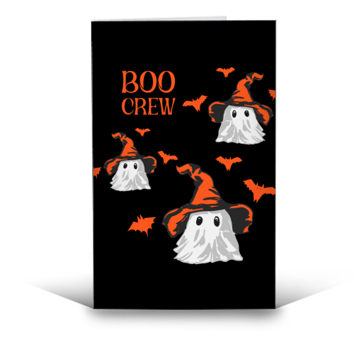Boo Crew Halloween Ghost with Witch Hat and Bats - funny greeting card by EZbie