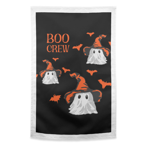 Boo Crew Halloween Ghost with Witch Hat and Bats - funny tea towel by EZbie