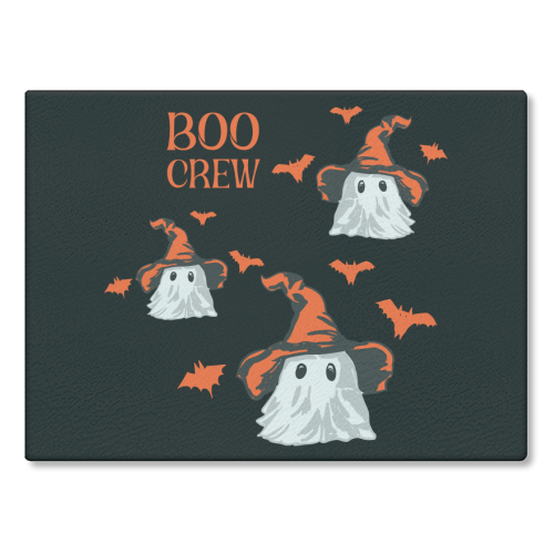 Boo Crew Halloween Ghost with Witch Hat and Bats - glass chopping board by EZbie